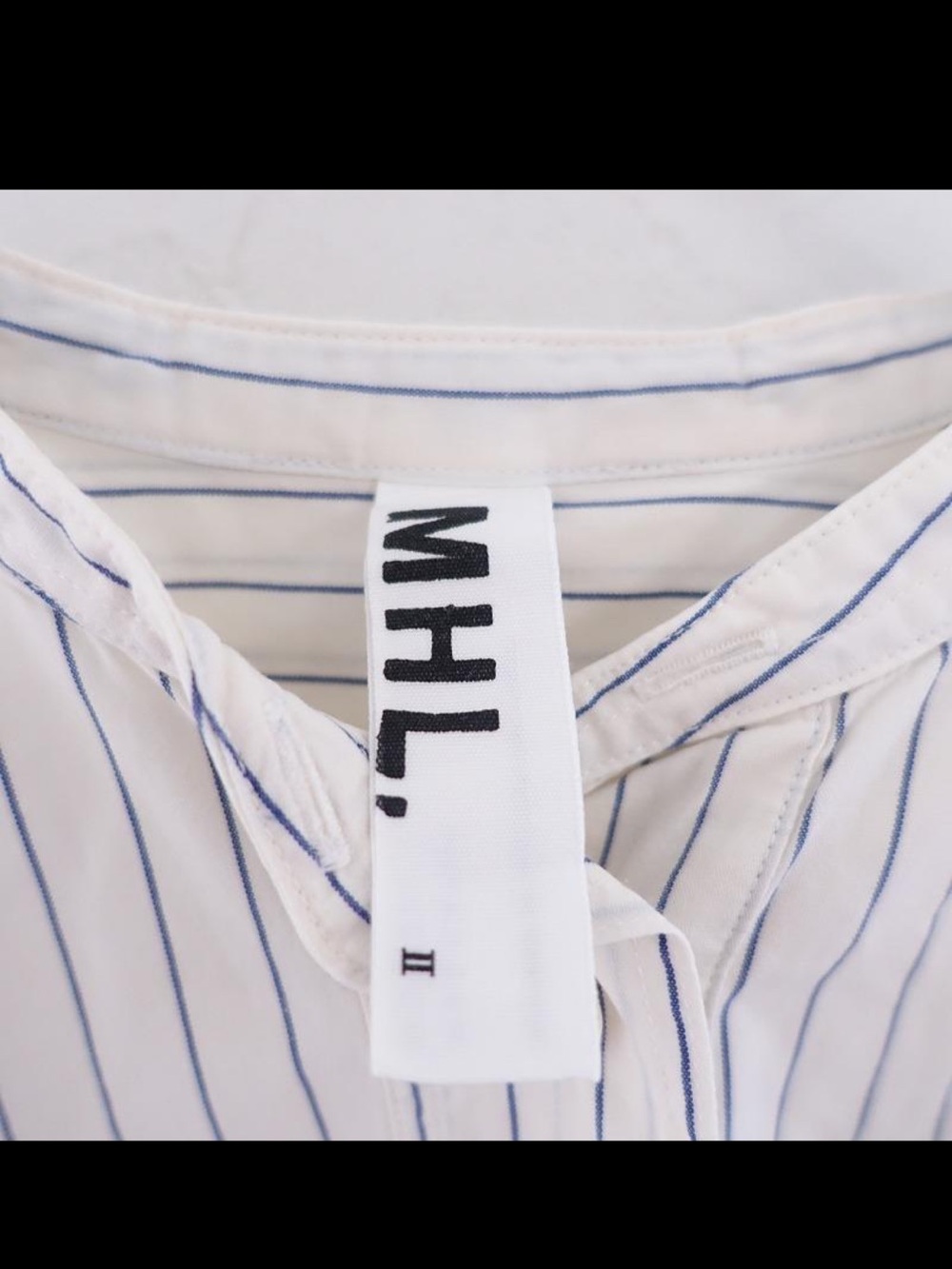 MHL. Striped Band Collar Button-Up Shirt in Cream & Navy - Picture 5 of 8